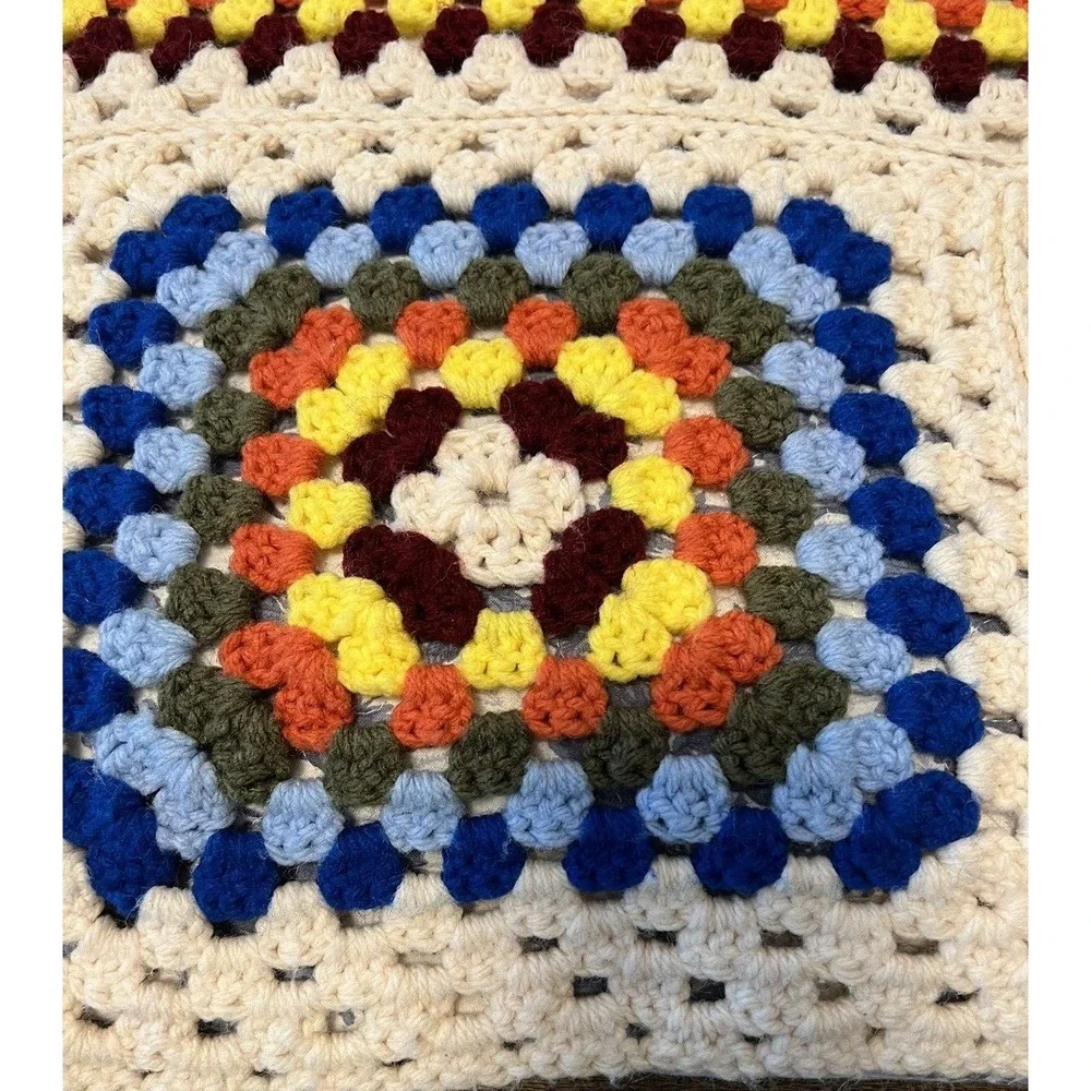 Grandma Decor Square Handmade‎ Crochet Quilt Afghan Throw Colorful Cream Border